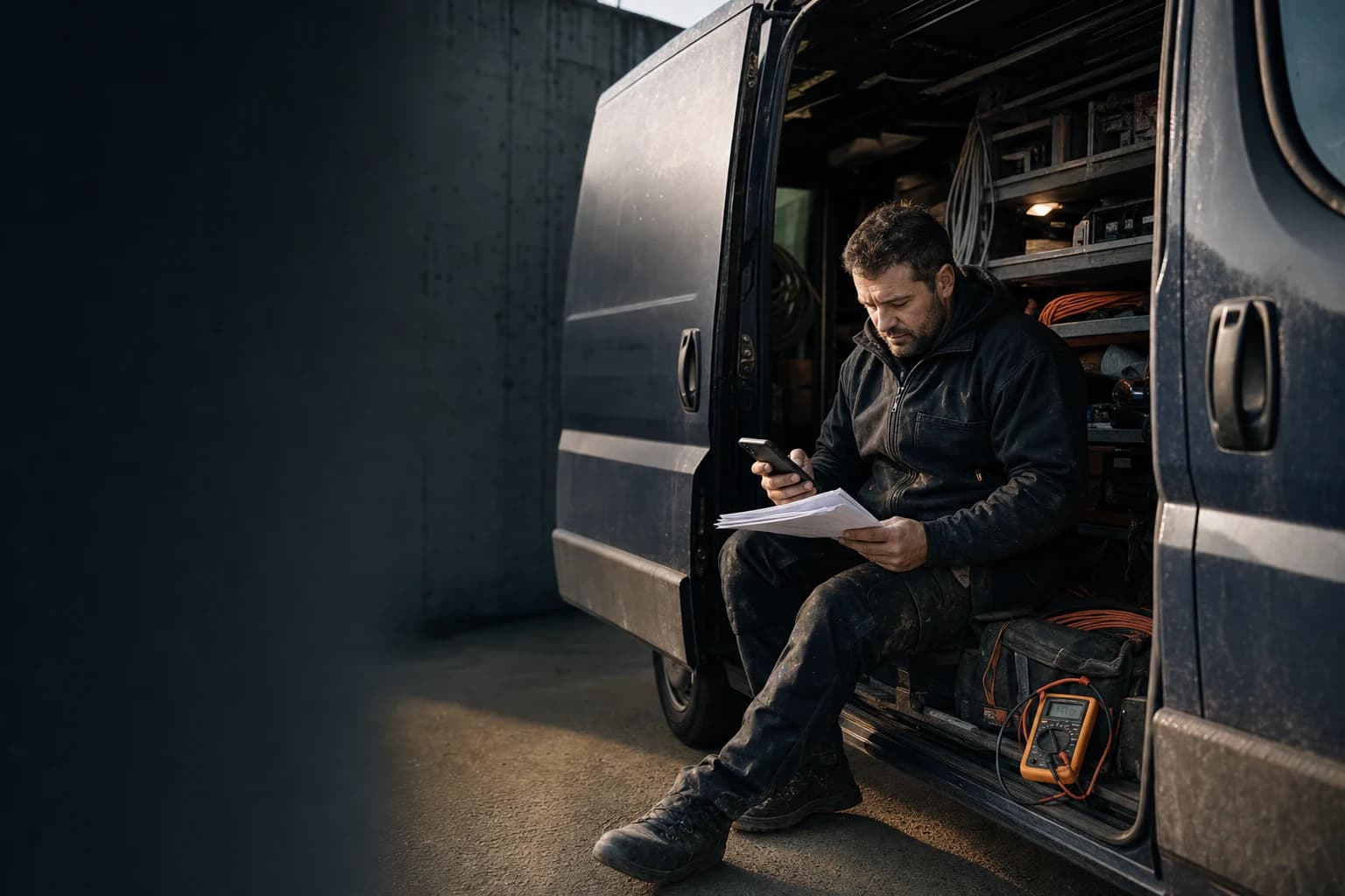 Electrical contractor reviewing job paperwork beside a service van