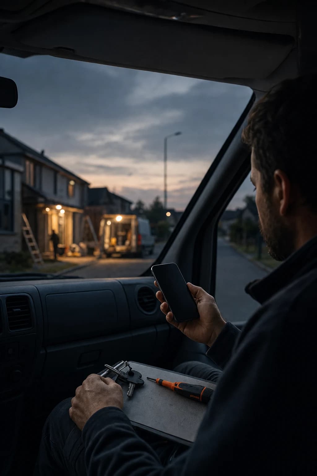 Electrical contractor reviewing a phone and paperwork in a service vehicle at dusk