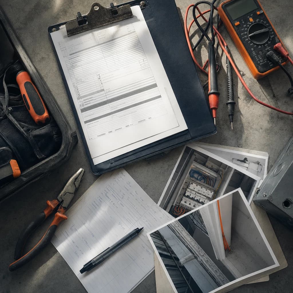 Electrical workbench with a clipboard, multimeter, tools, and job photographs